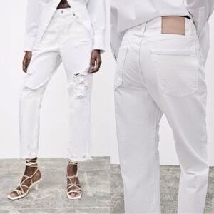 Zara High Rise Pepper Mom Jean in Distressed White
